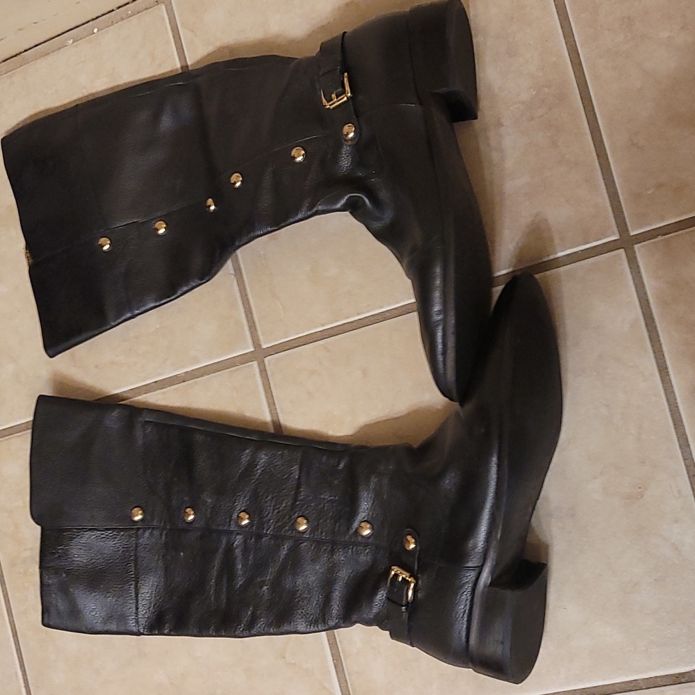 MICHAEL MICHAEL KORS CARNEY RIDING BOOTS BLACK HARNESS BUCKLE GOLD STUDS